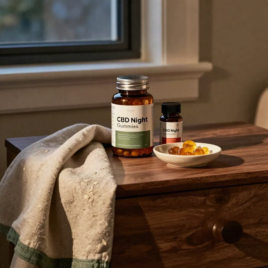 Amber CBD gummies and softgels on a walnut nightstand by a dusk window