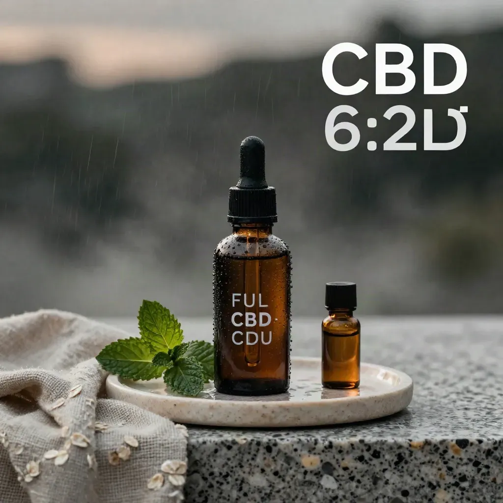 Unbranded CBD oil bottle with dropper, peppermint leaf, linen and amber vial on stone in misty light