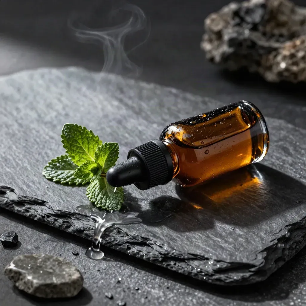 Amber CBD oil bottle with peppermint sprig over wet slate, cool splash and charcoal glassware