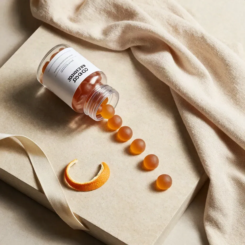 Overhead CBD gummies bottle nestled in cream linen with loose gummies and citrus peel