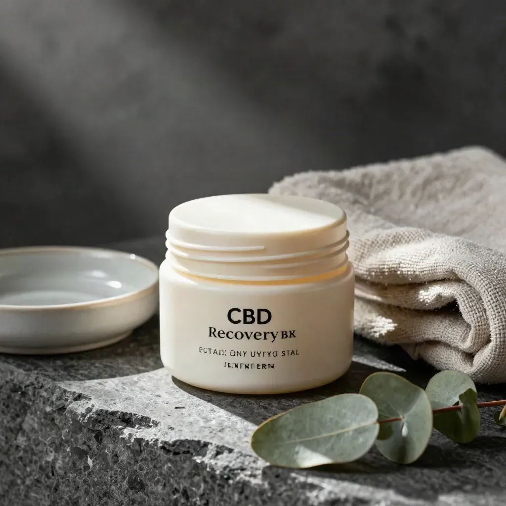 CBD recovery balm jar on stone with towel, eucalyptus, and ceramic dish in dramatic light