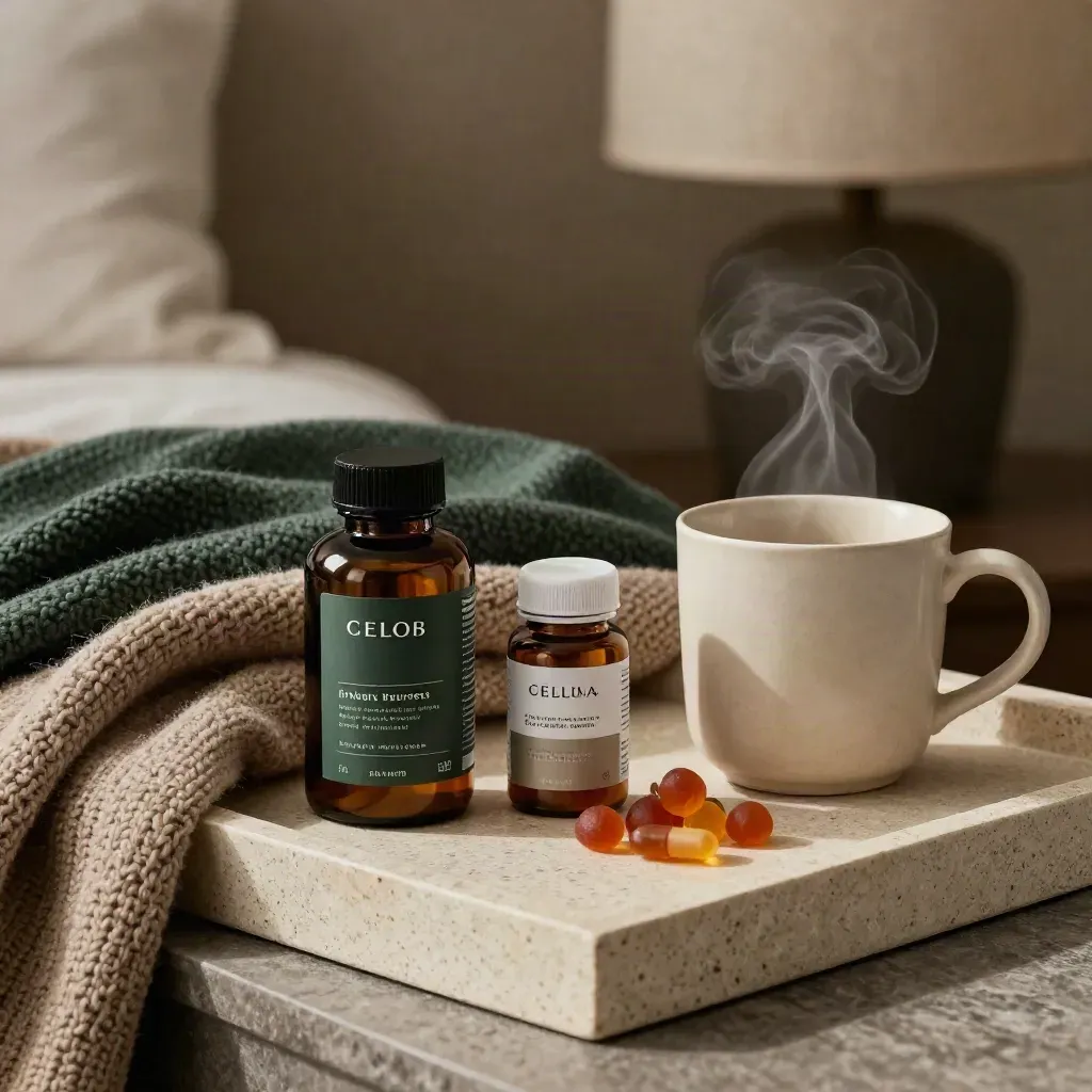 CBD wellness bundle on stone tray with oil, gummies, capsules, mug steam, and lamp glow