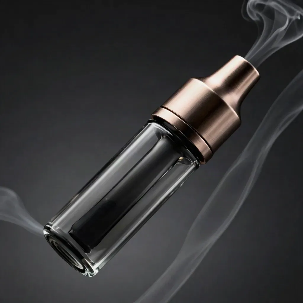 Macro CBD vape cartridge with brushed metal mouthpiece and curling vapor in dark space