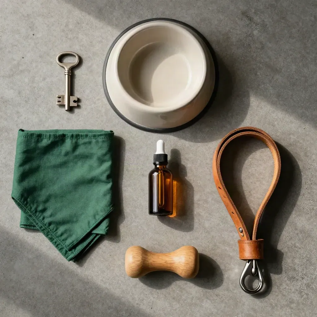 Overhead pet CBD drops bottle with dog bowl, bandana, leash loop and chew on concrete slab.