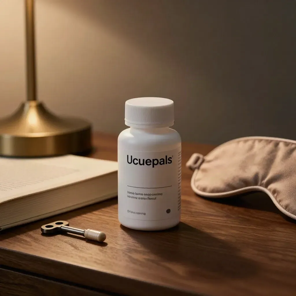 Sleep support capsules bottle with book, lamp base, and folded sleep mask on a warm walnut nightstand.