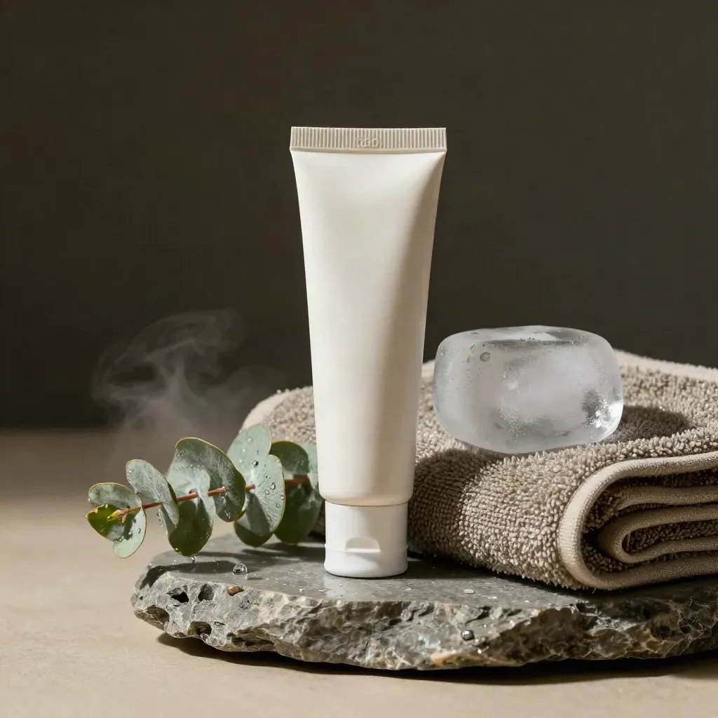 CBD muscle cream tube on slate with towel, ice pack, eucalyptus, and condensation