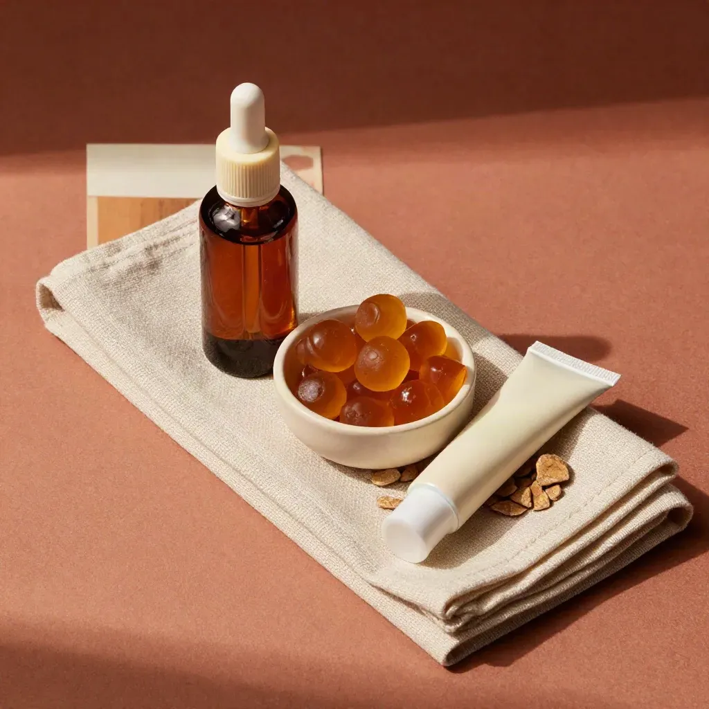 Wellness bundle trio with oil, gummies, and topical on linen and stone in warm studio light