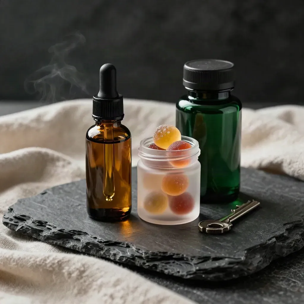 Unbranded CBD oil, gummies jar, and capsules bottle on stone with linen and green haze.