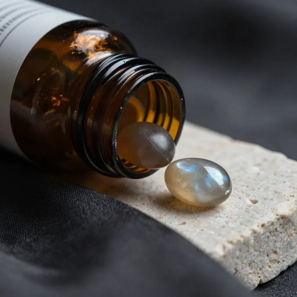 Macro of an unbranded night gummies bottle with silk, moonstone, and a gummy near the cap.