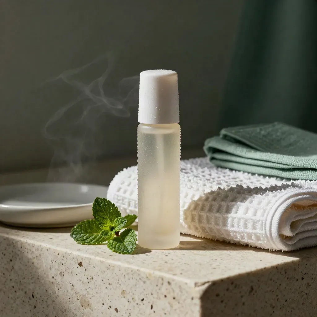 CBD cooling roll-on with towel, mint, and condensation on stone in a spa recovery scene