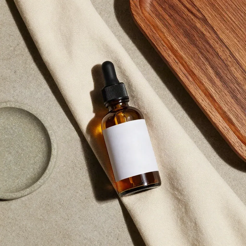 CBD oil bottle with linen, stone dish, and cedar tray in a clean overhead flatlay.