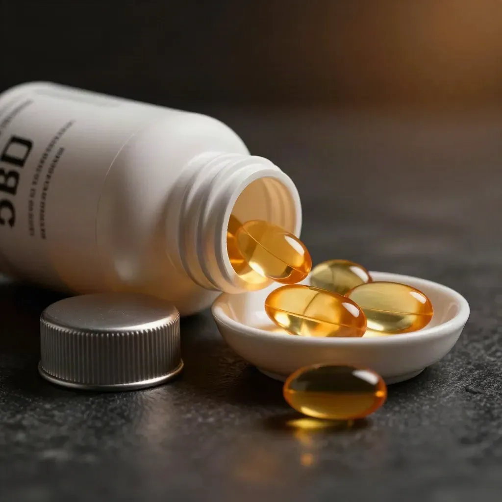 Amber CBD softgels spilling from a matte bottle beside a metal cap and ceramic saucer in dramatic studio light.