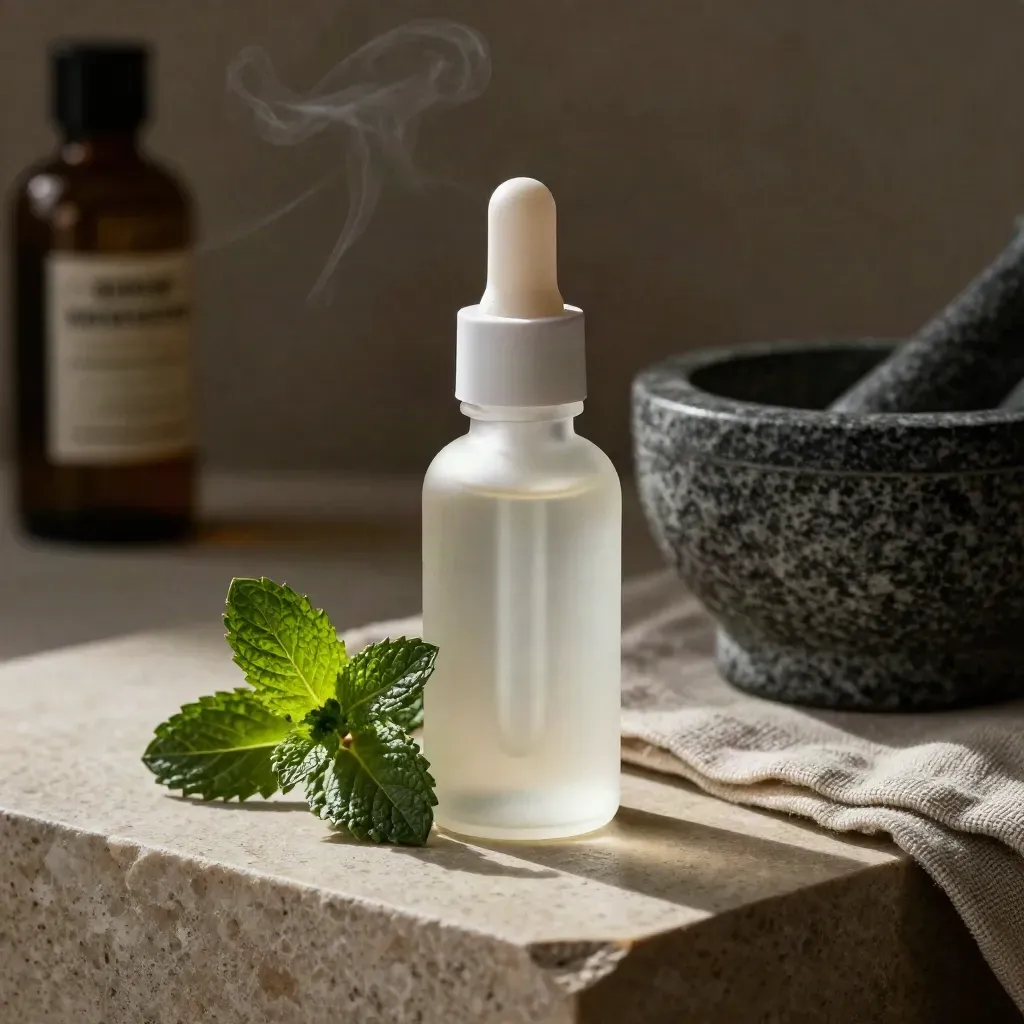 Peppermint tincture bottle with mint sprig, mortar, and linen in dramatic macro light