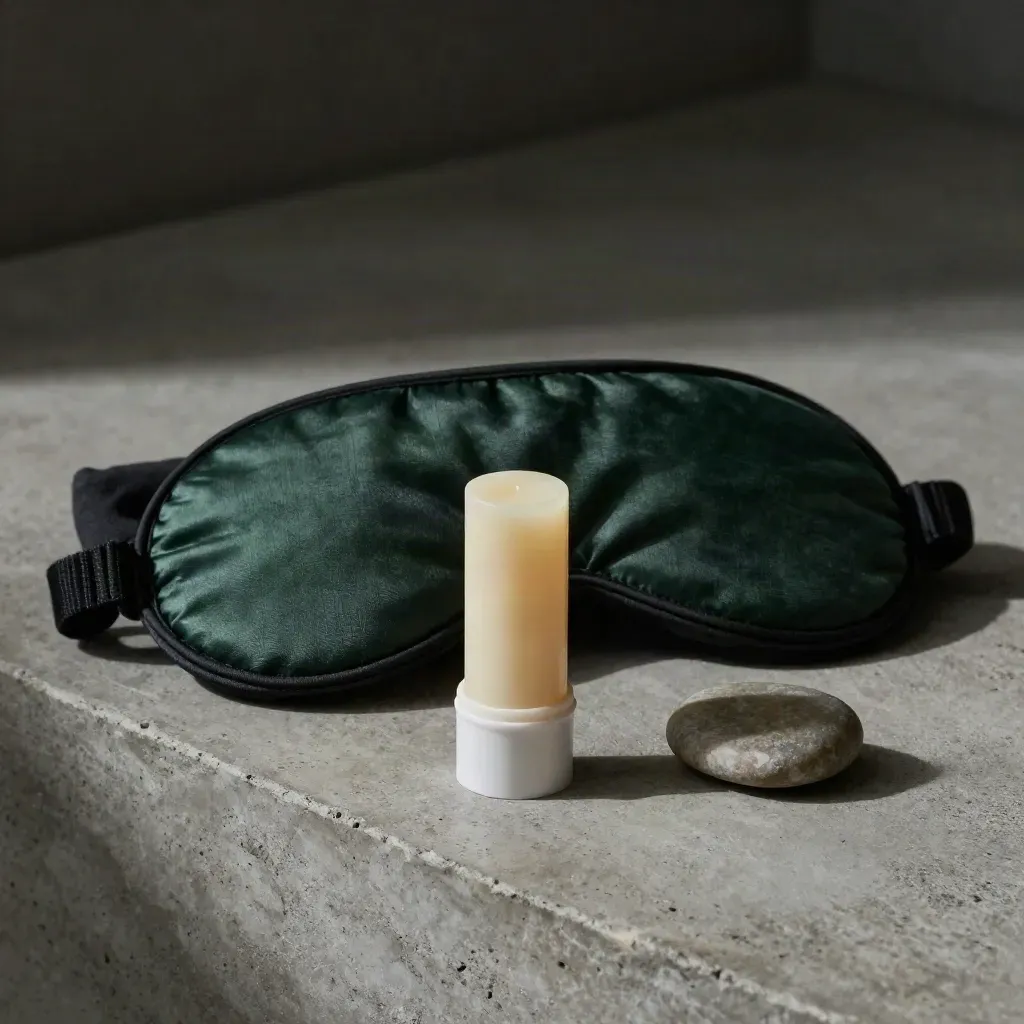 Night balm stick with folded sleep mask, dark linen, and river stone on a bedside ledge.