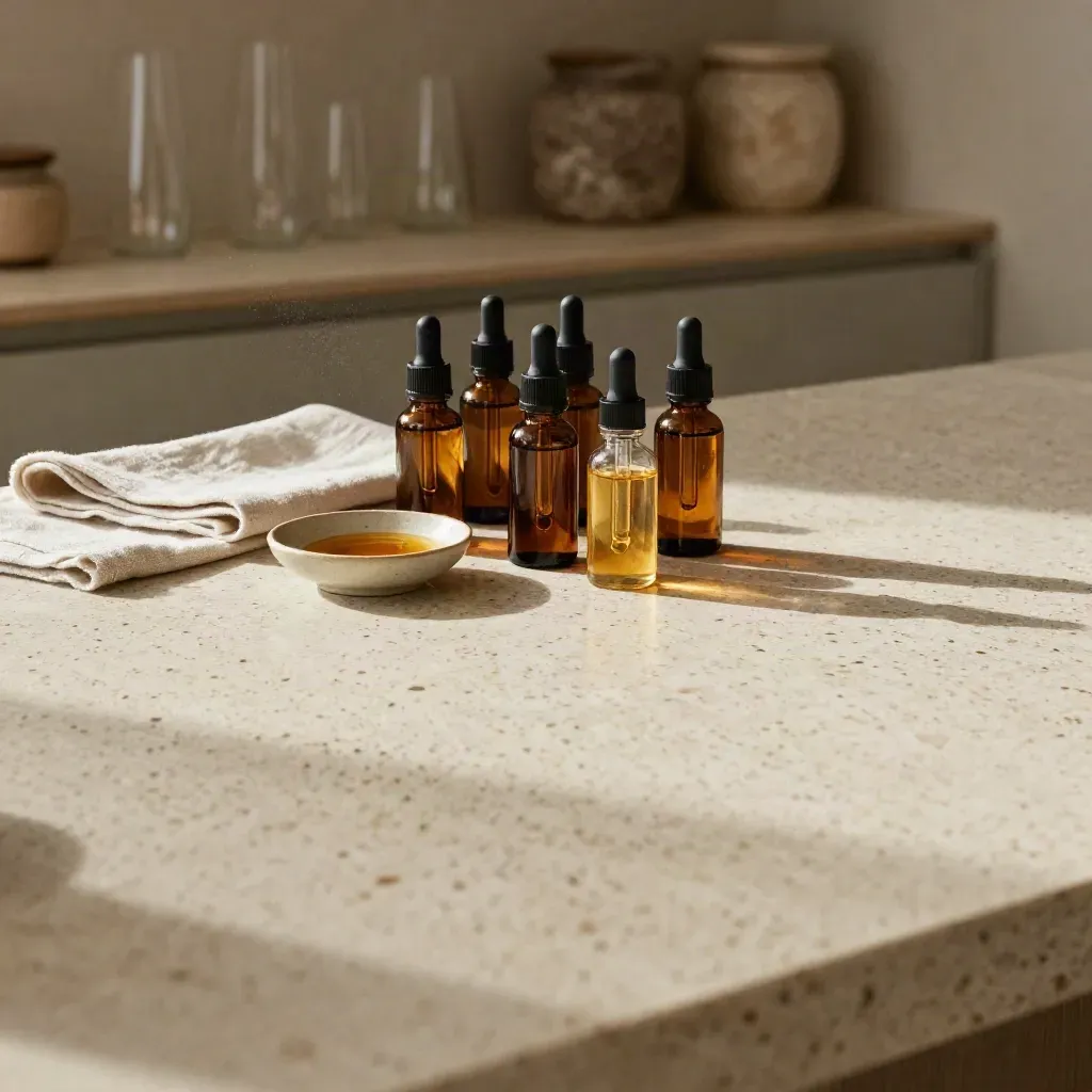 Amber CBD tincture bottles on a travertine counter with linen and a blurred apothecary shelf.