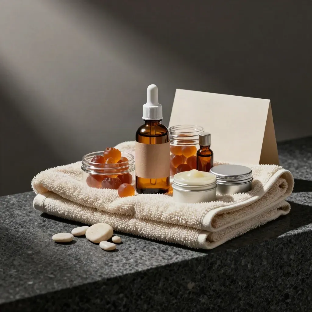 CBD recovery bundle on stone with oil, gummies, capsules, topical and balm