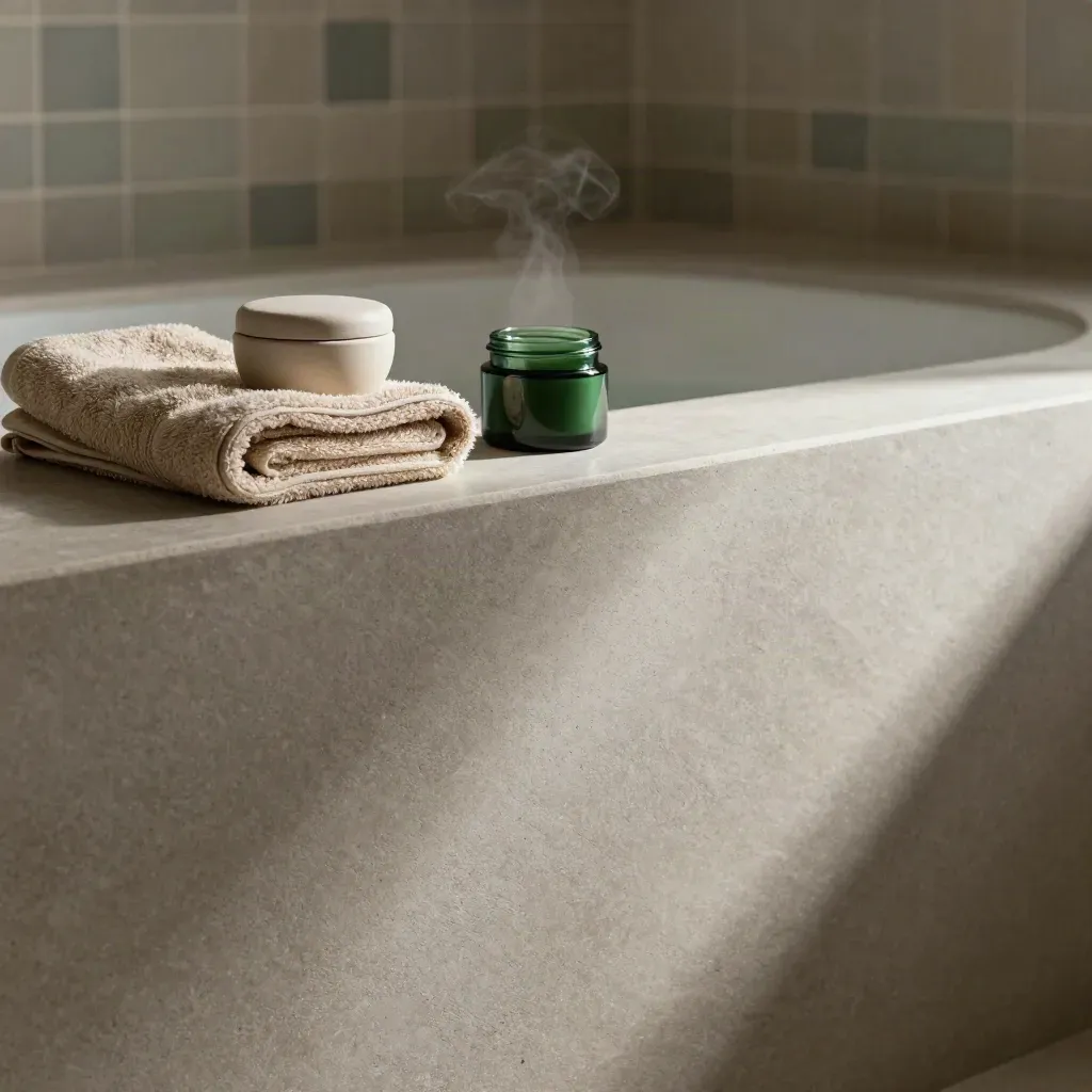 Stone ledge with balm jar, towel, and steam in a sunlit spa-like interior