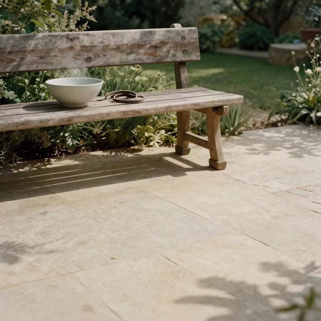 Shaded garden patio with bench, bowl and leash loop above calm copy space.